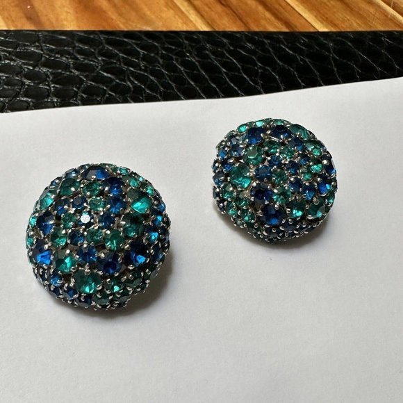 Large Statement Rare Signed Crown Trifari Blue Rhinestone Clip On Earrings
